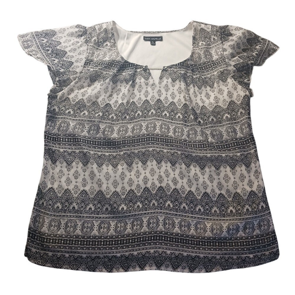 Sara Michelle Printed Blouse Women's XL Short Sleeve Boho Top Black White Flowy‎